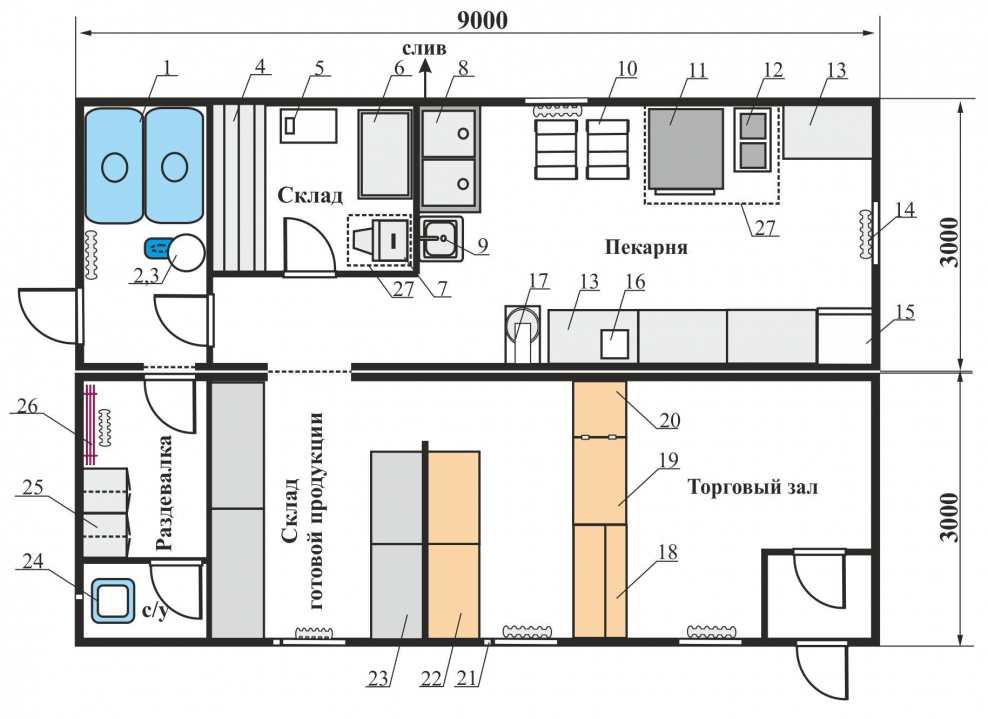 Планировка модульная пекарня 150м2