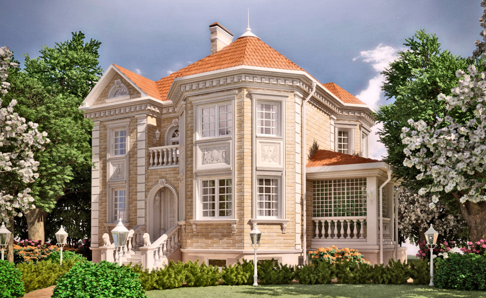 Дом с двухэтажным эркером в классическом стиле