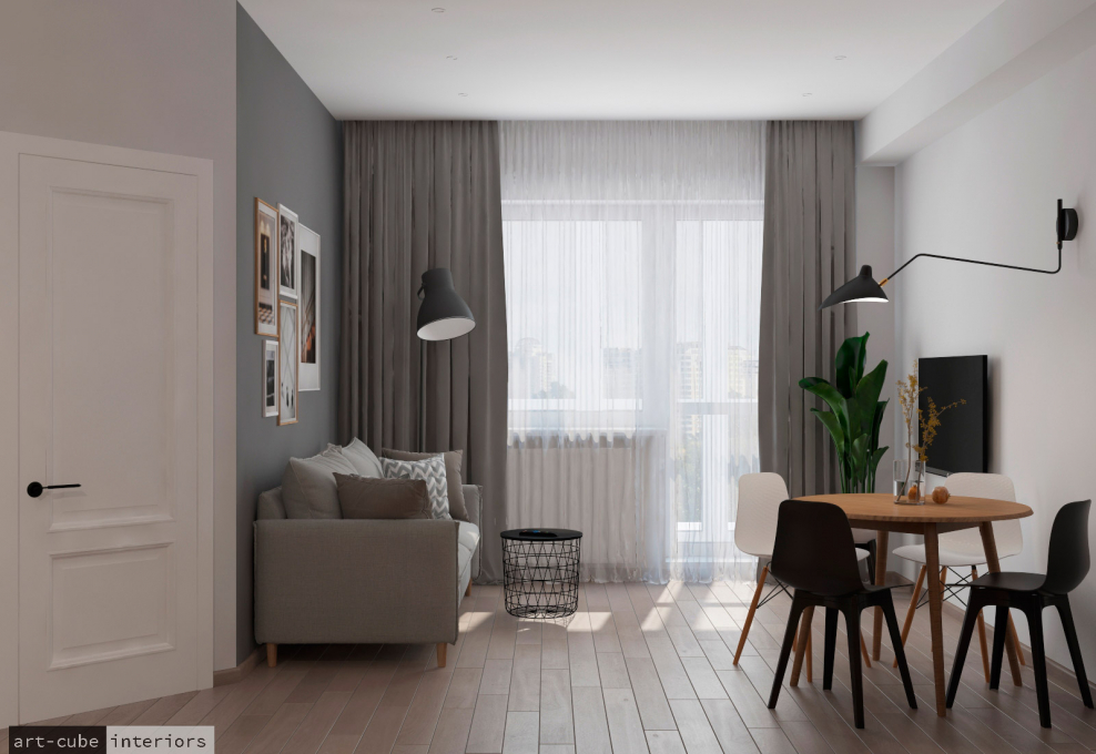 Светлоголубая однокомнатная квартира-евродвушка в современном стиле