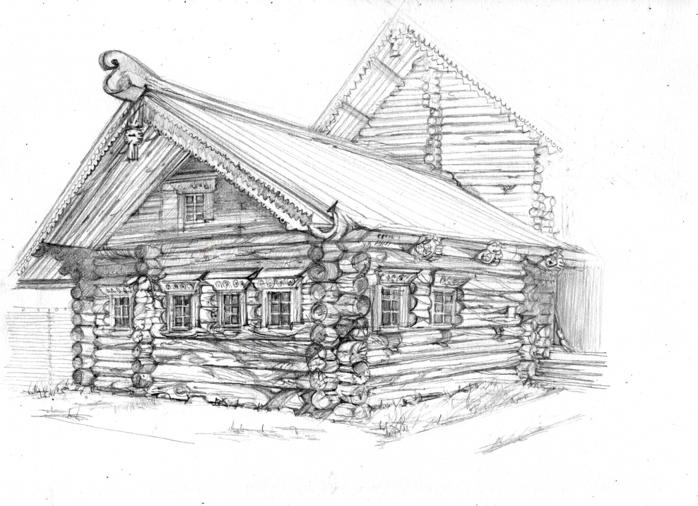 Бревенчатый дом карандашом