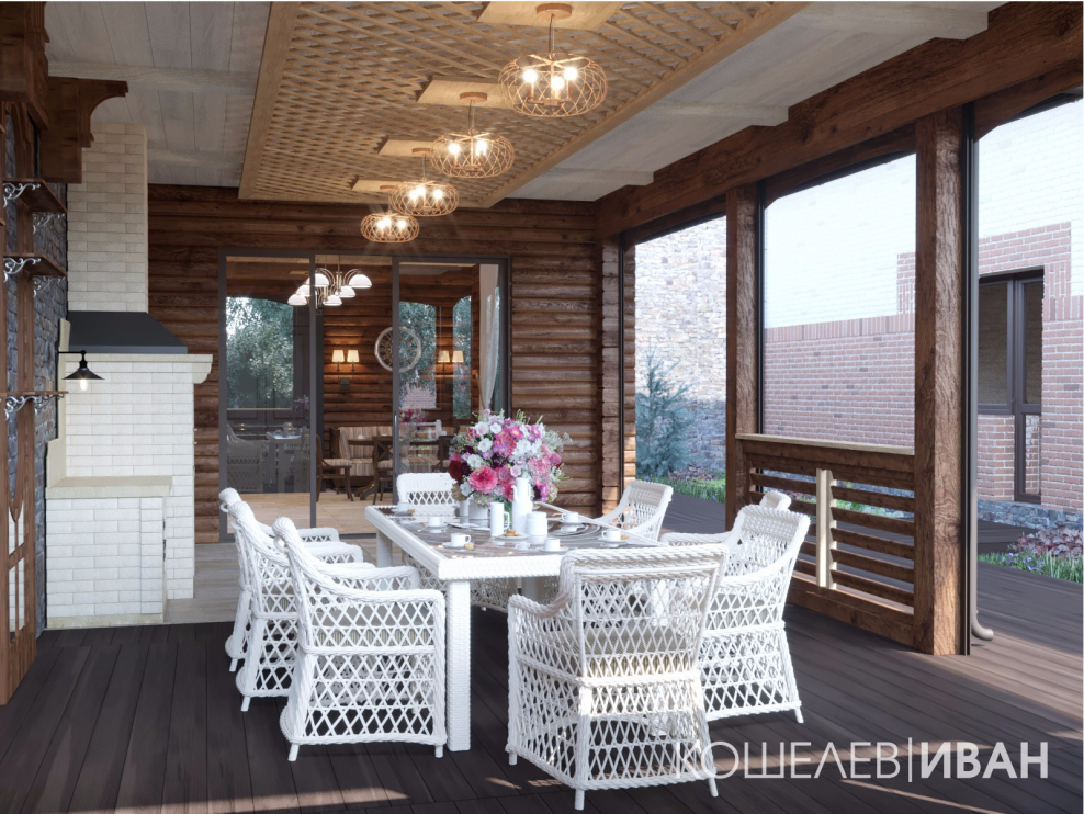 Интерьер веранды с кухней