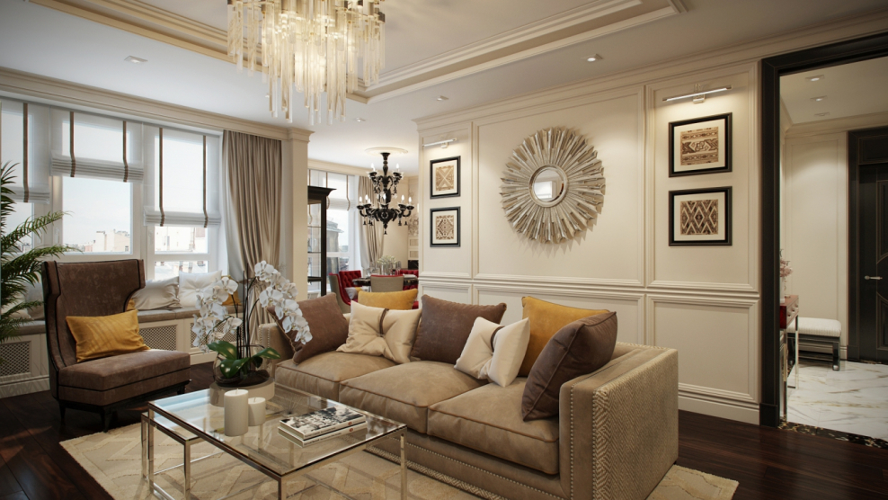 Гостиная в неоклассическом стиле в бежевых тонах
