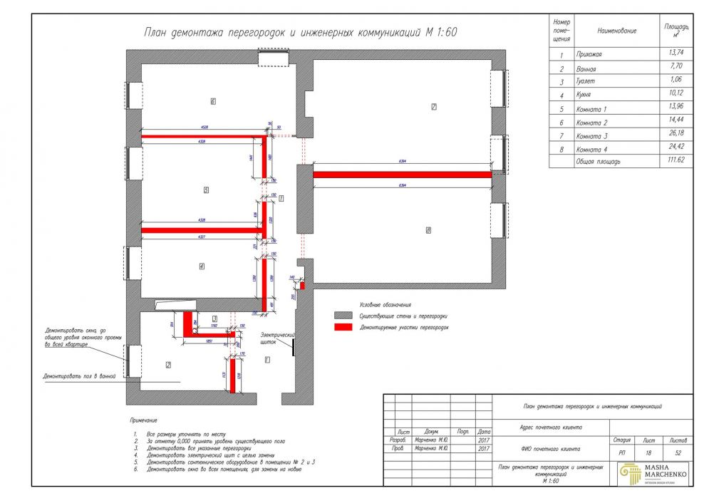 Исполнительная схема демонтажа перегородок