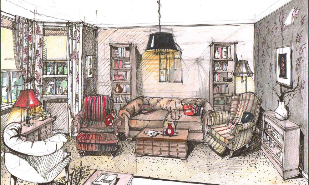 Скетч интерьера цветными карандашами