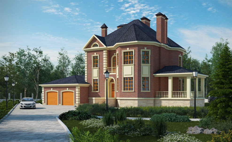 Красивый двухэтажный кирпичный дом