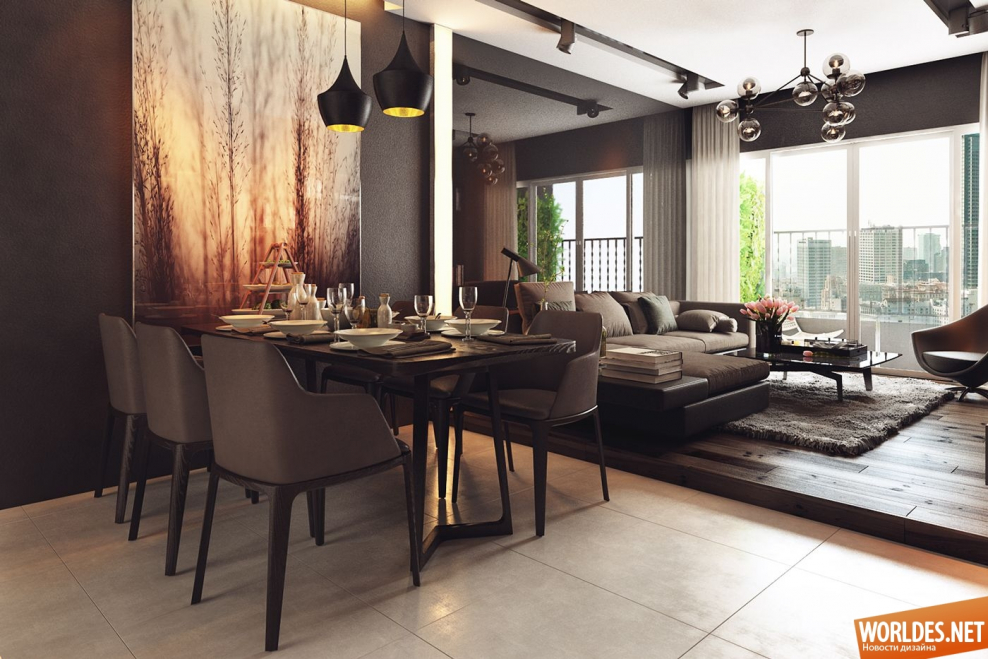 Стиль Модерн в интерьере гостиной с столовой