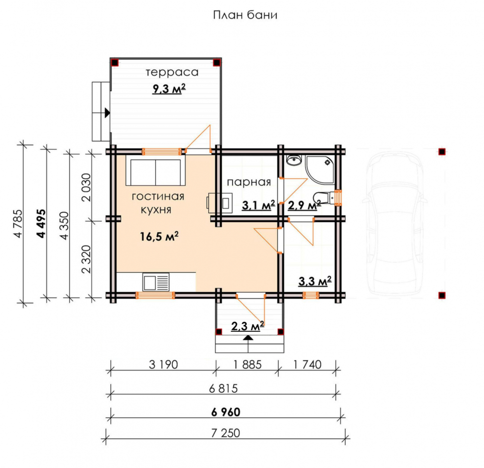 Отдельностоящая баня с террасой план