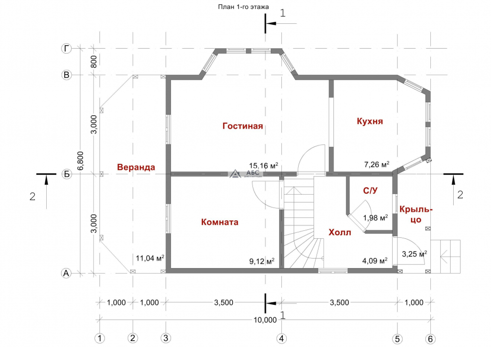 Чертеж дома с верандой