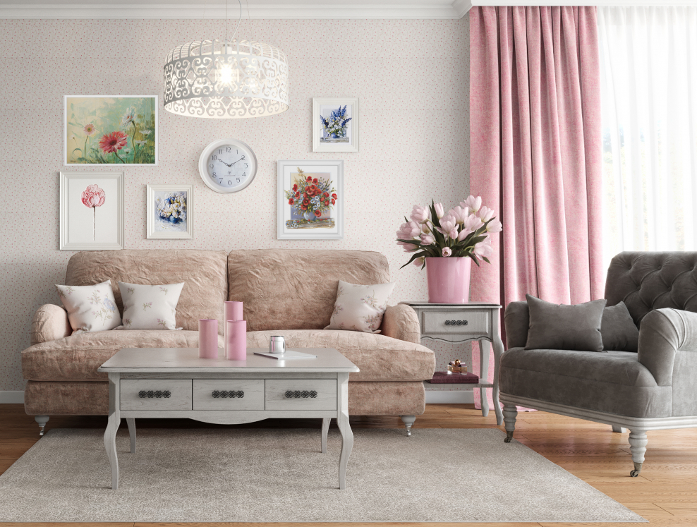 Пудровые оттенки в интерьере гостиной