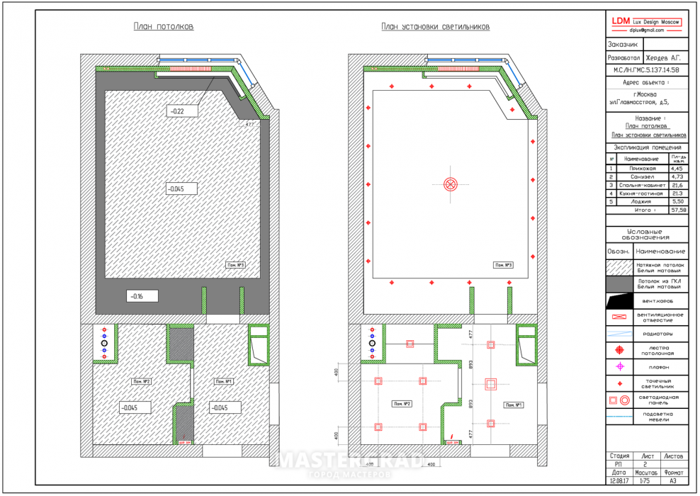 План потолка с расстановкой светильников