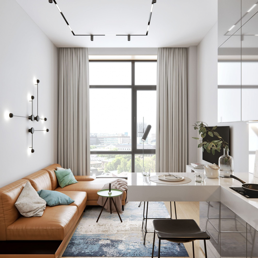 Кухня гостиная с панорамными окнами