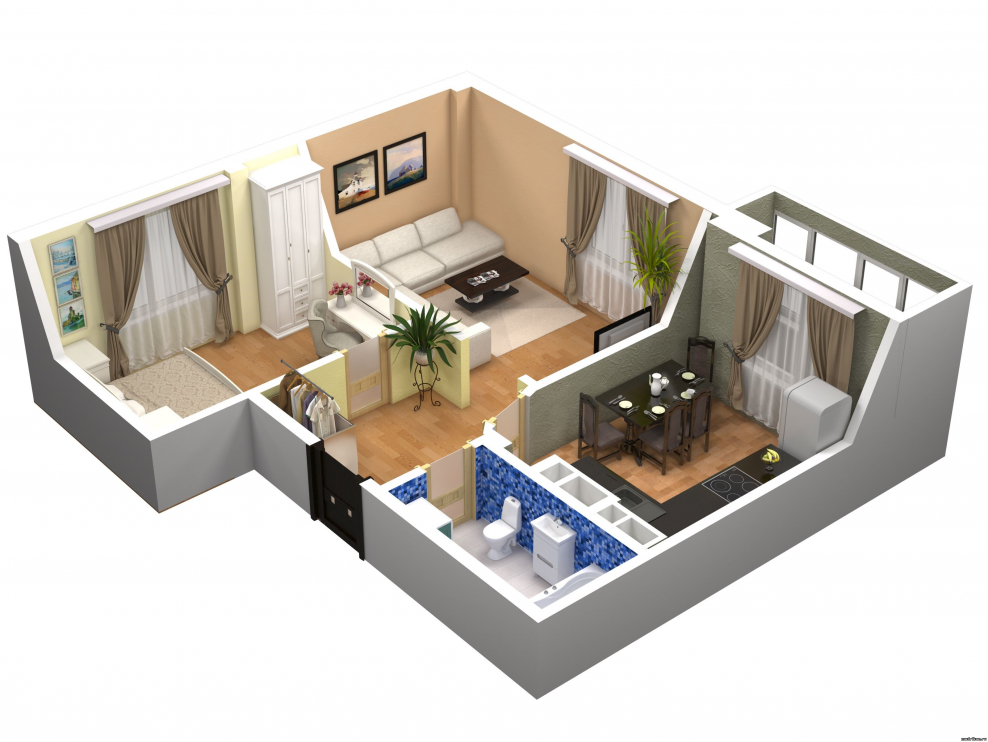 3d планировка 2 комнатной квартиры