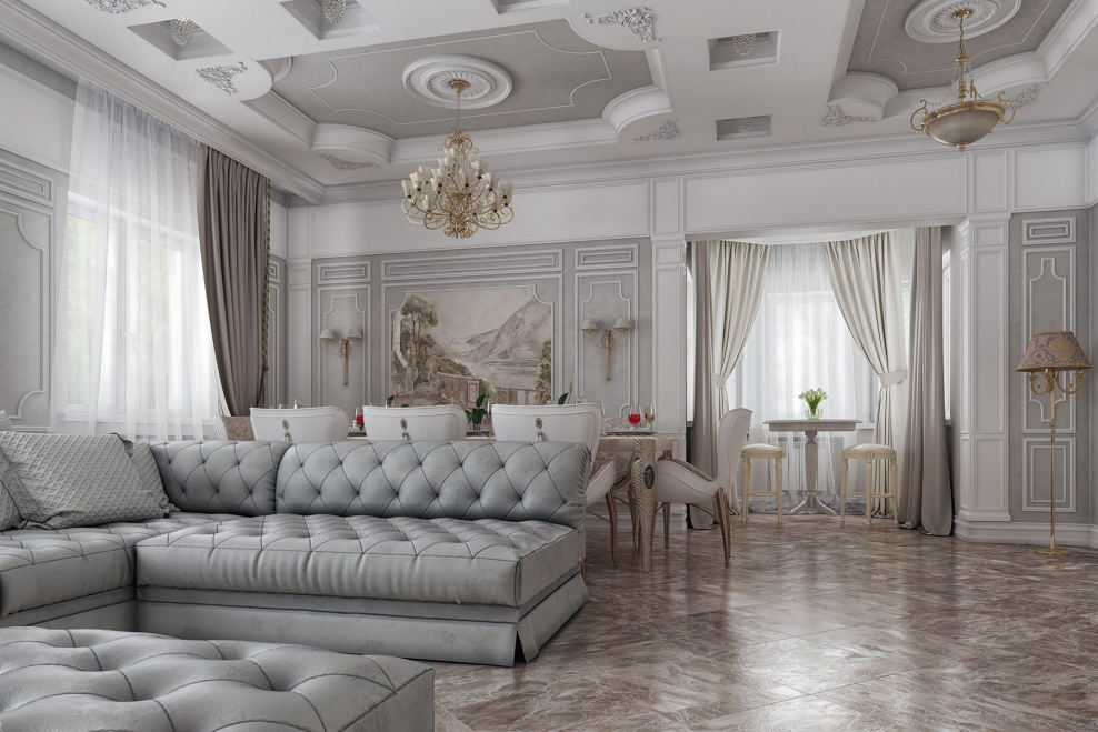 Интерьер гостиной в частном доме в классическом стиле