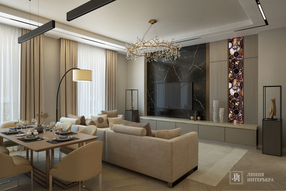 Кухня гостиная с рейками