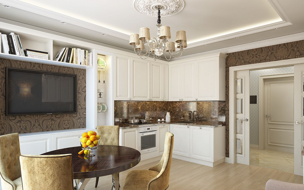 Совмещенная кухня-гостиная с телевизором