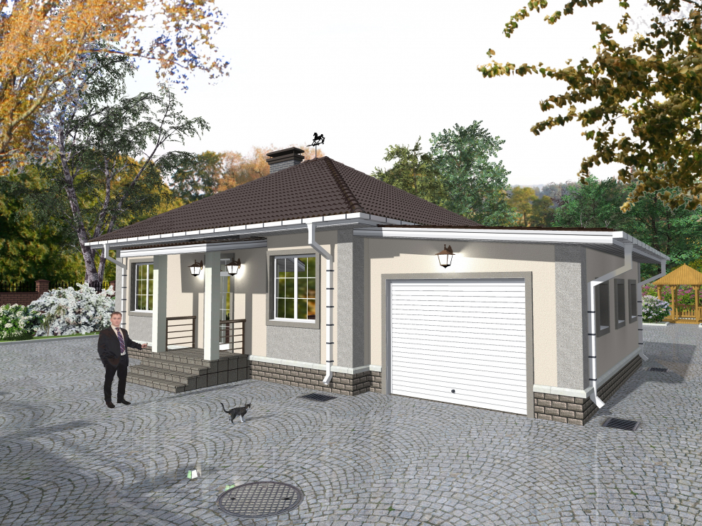 Одноэтажный дом с четырехскатной крышей и гаражом