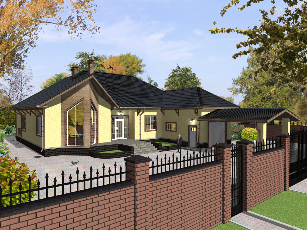 Одноэтажный кирпичный дом с гаражом