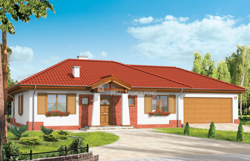 Одноэтажный дом с вальмовой крышей и гаражом