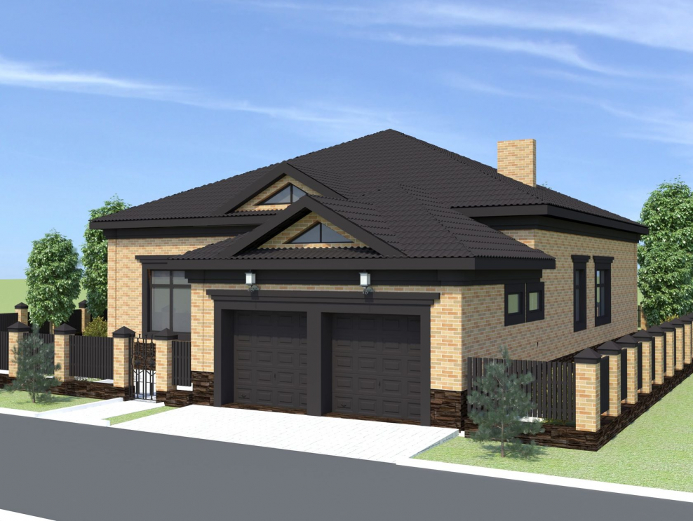 Одноэтажный дом с двумя гаражами