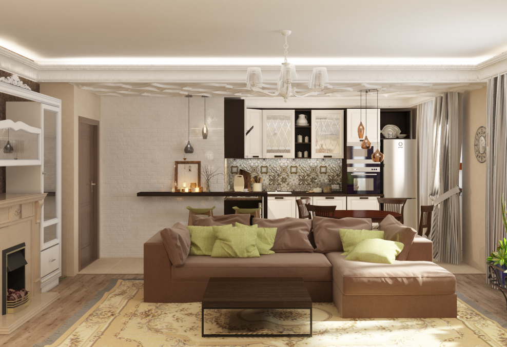 Кухни-гостиные в кофейных тонах
