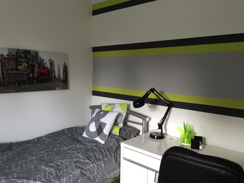 Спальня с темными стенами