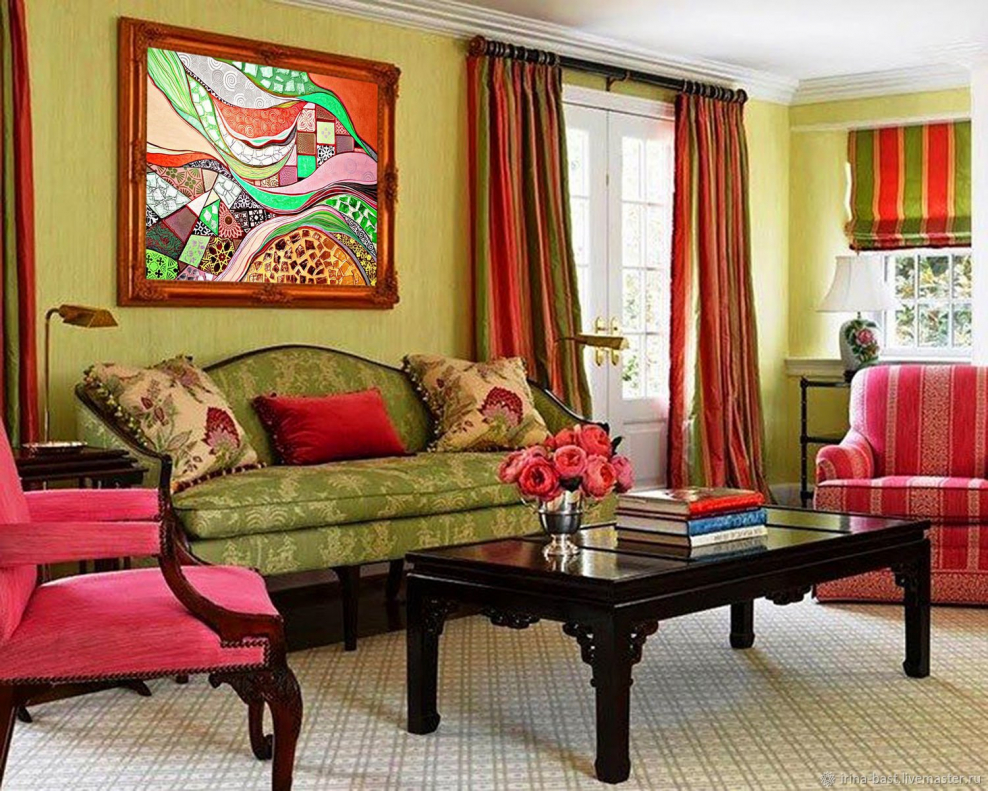 Яркая картина в классическом интерьере гостиной