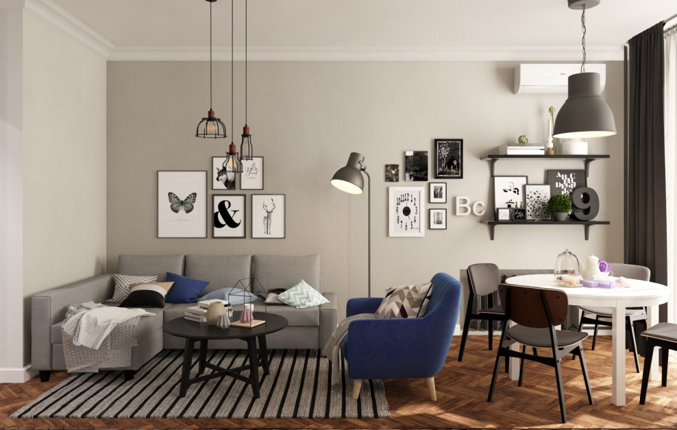 Акцентная стена в интерьере гостиной в скандинавском стиле