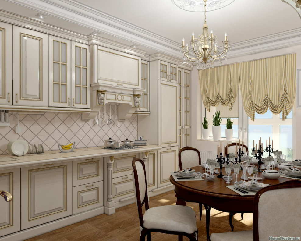 Кухонный гарнитур в классическом стиле светлых тонов