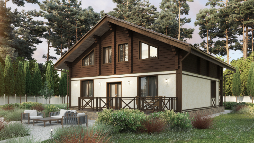 Комбинированный фасад дома из камня и дерева