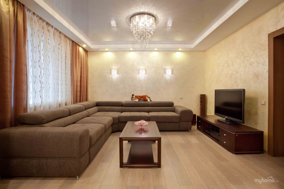 Гостиная с коричневым диваном