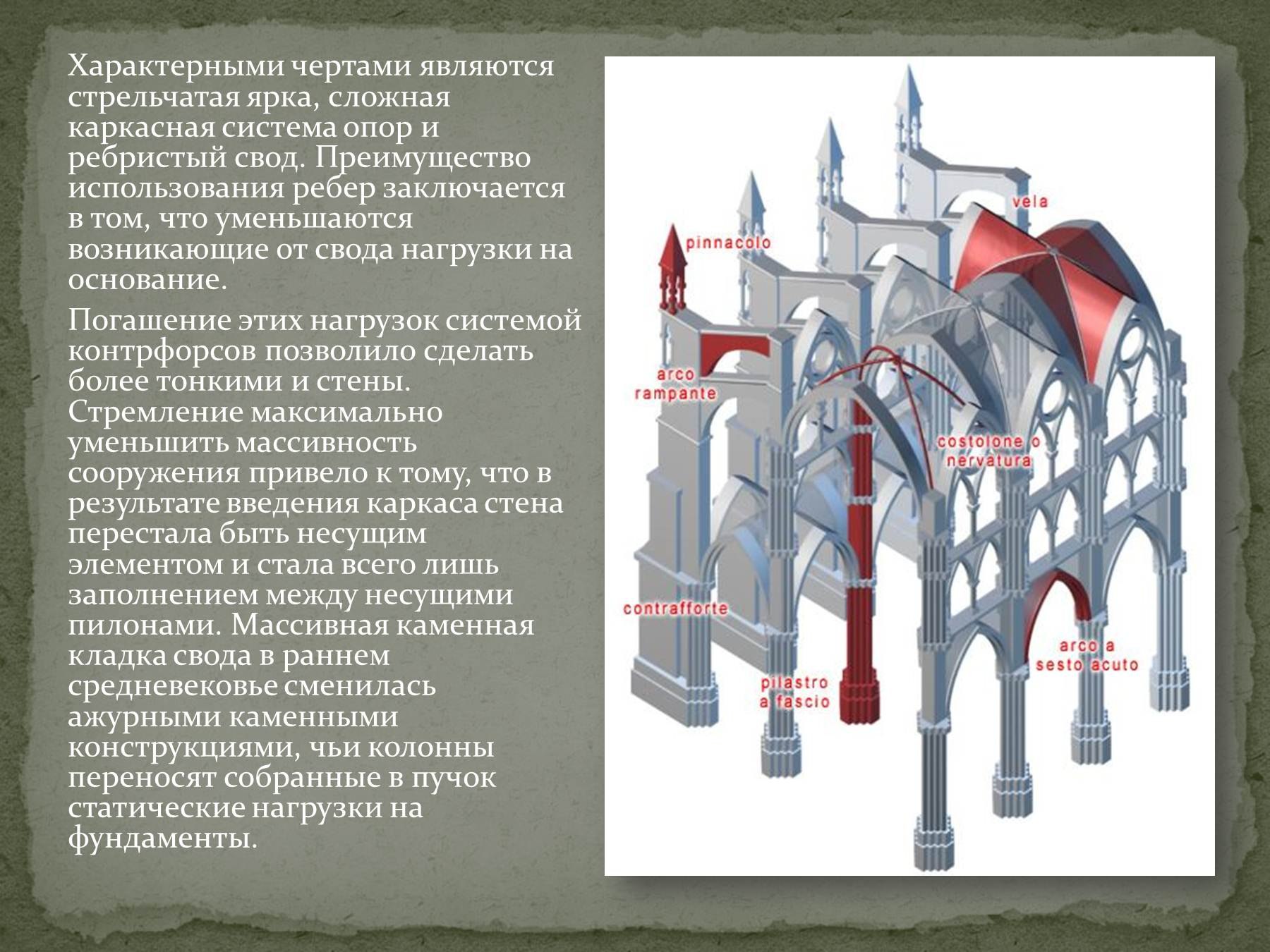 Сложная каркасная система опор и ребристый свод