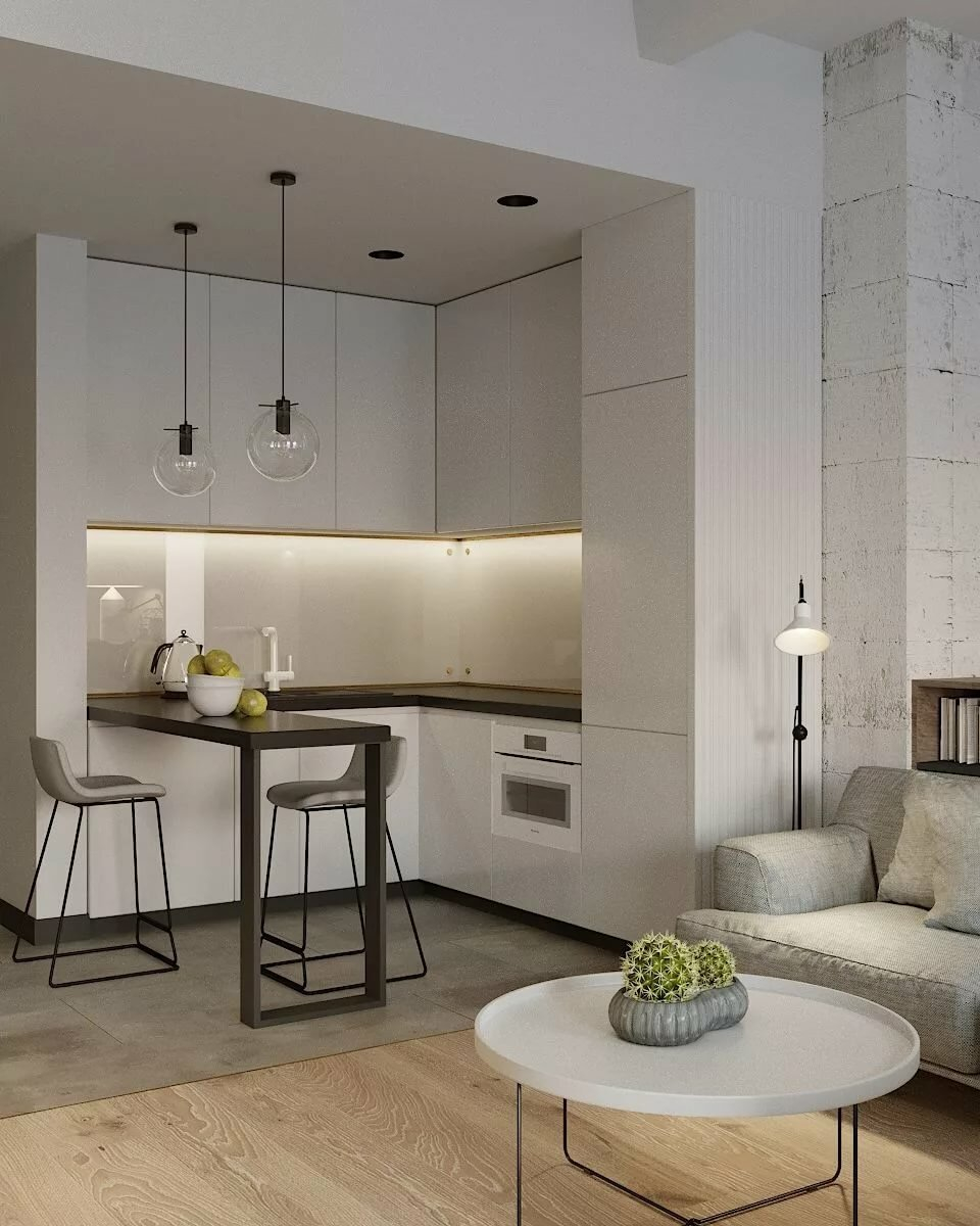 Зонирование кухни в студии 28 кв.м