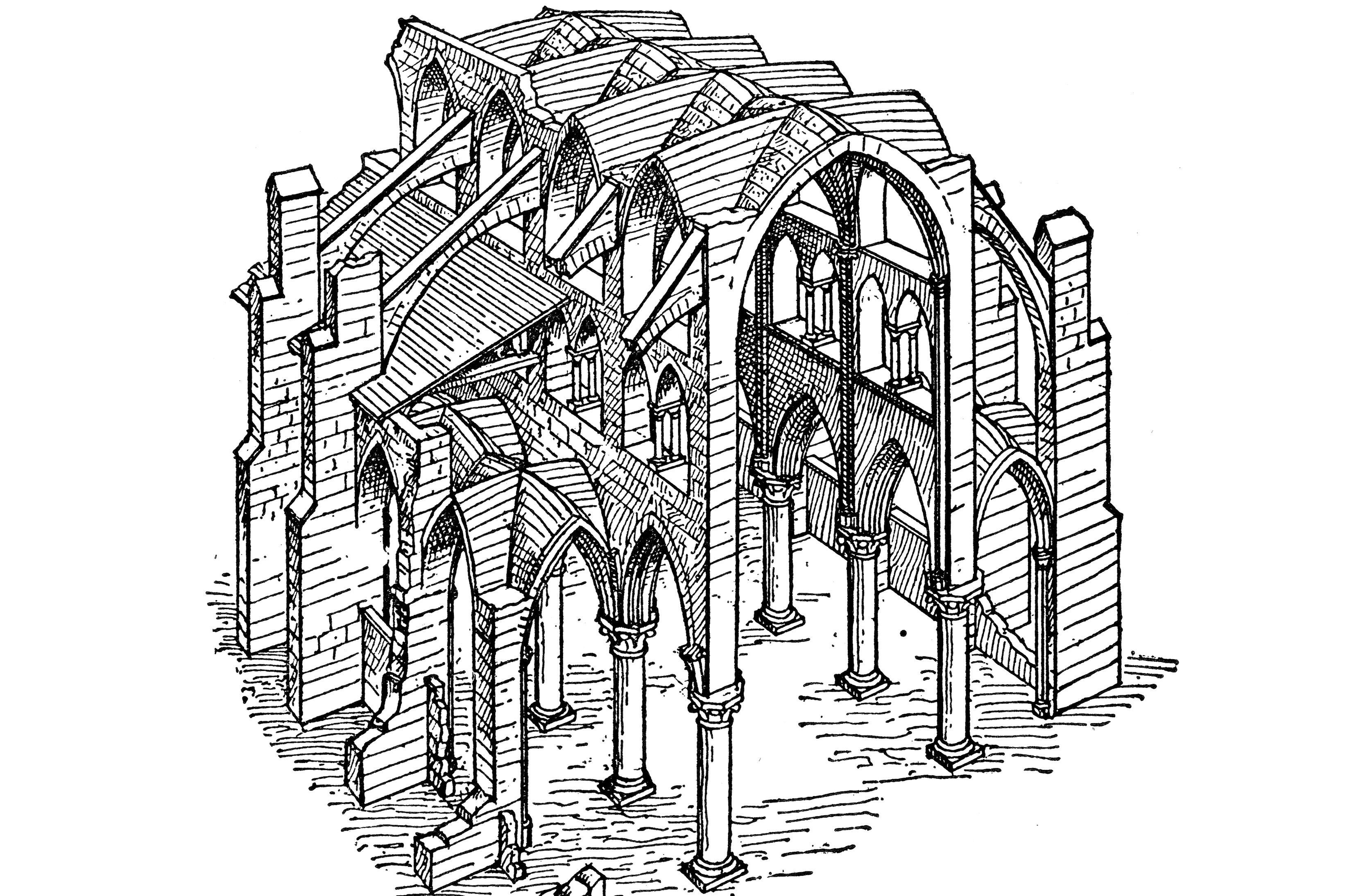 Романский стиль рисунок. Каркасная система готического собора. Каркасная система в готике. КОНТРФОРС собор Софии. Каркасная система готической архитектуры чертежи.
