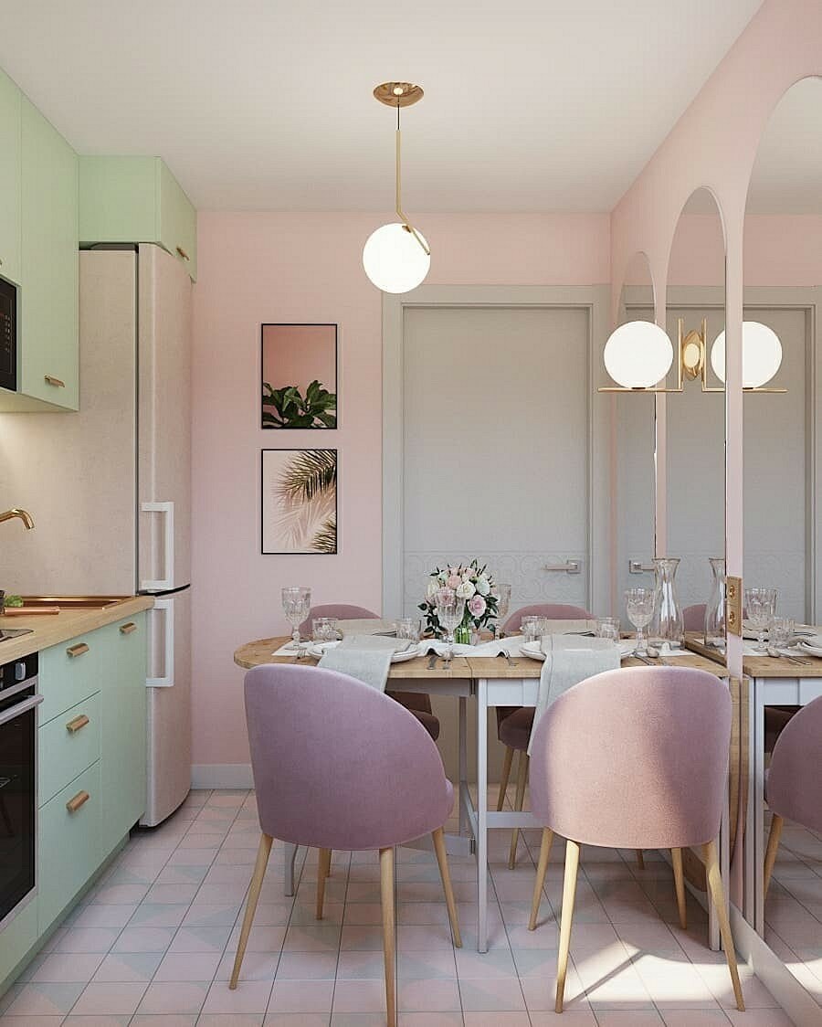 Кухня в бежево розовых тонах