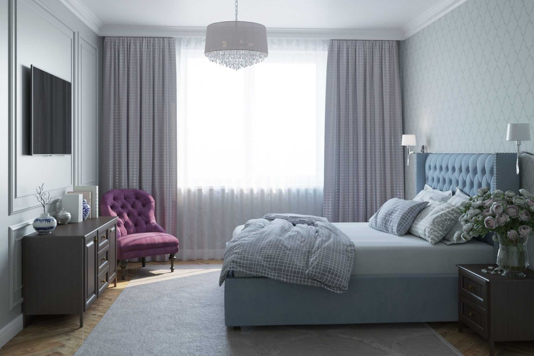 Интерьер спальни с серыми обоями фото
