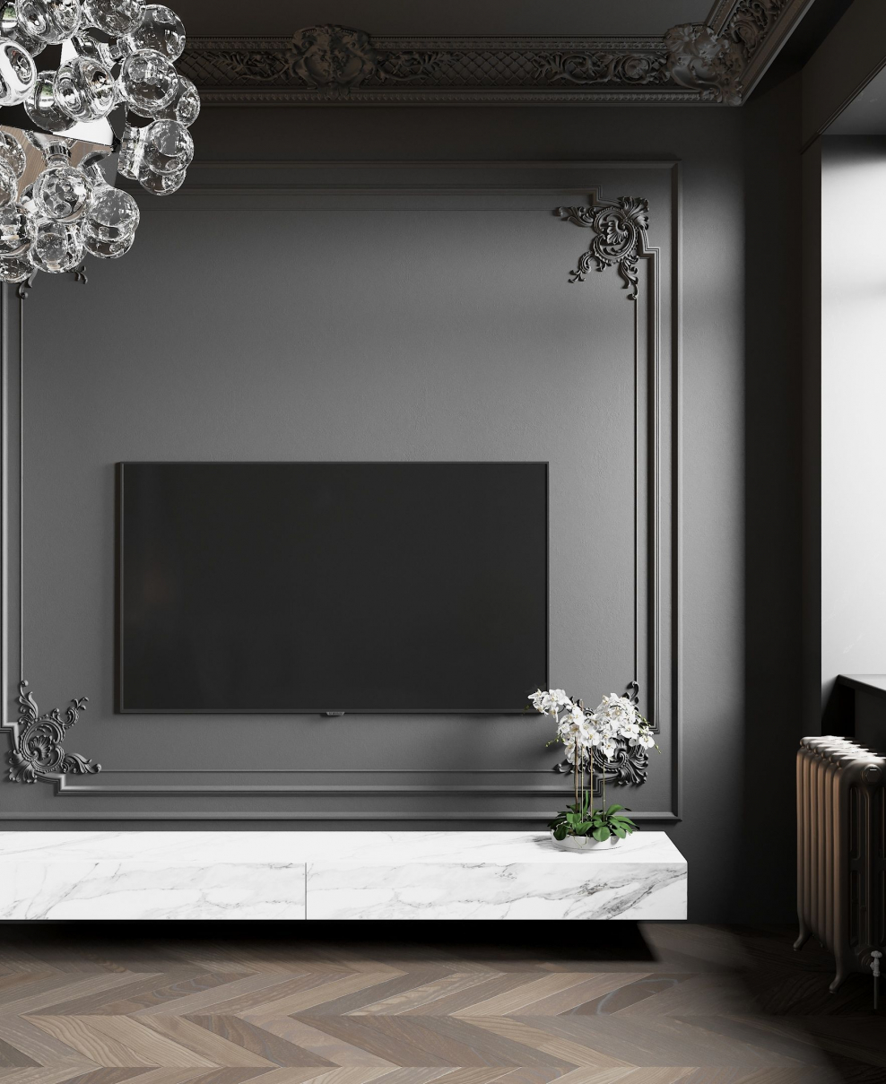 Молдинги на стене с телевизором