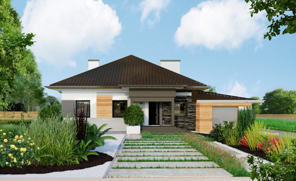 Одноэтажный дом с гаражом и террасой