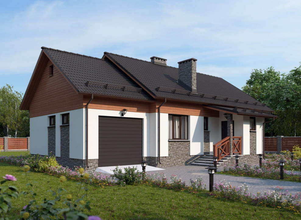 Фасад одноэтажного дома с гаражом