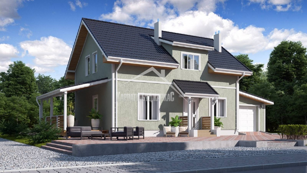 Дом с мансардой и террасой и гаражом 150м2