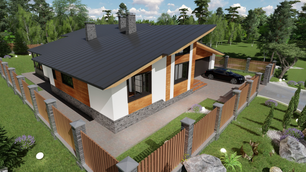 Одноэтажный дом с гаражом и террасой