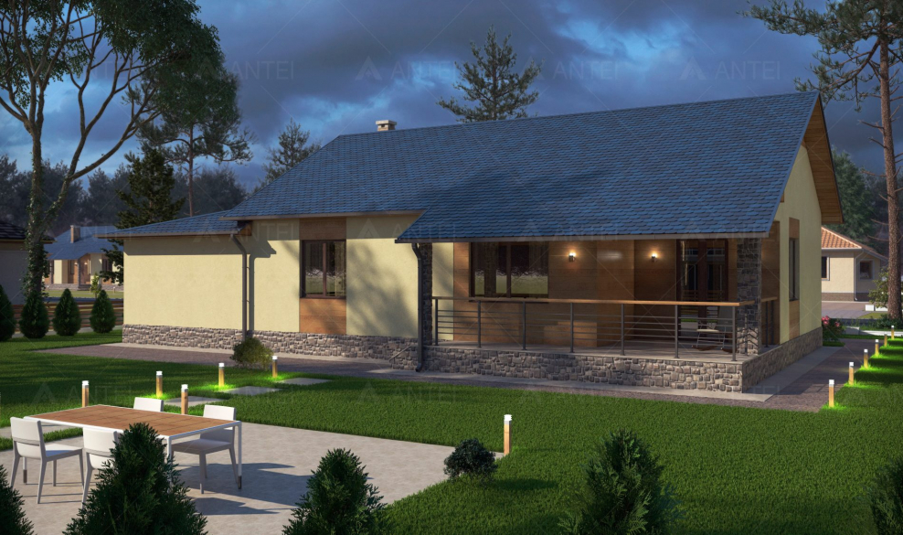 Одноэтажный дом с гаражом и верандой