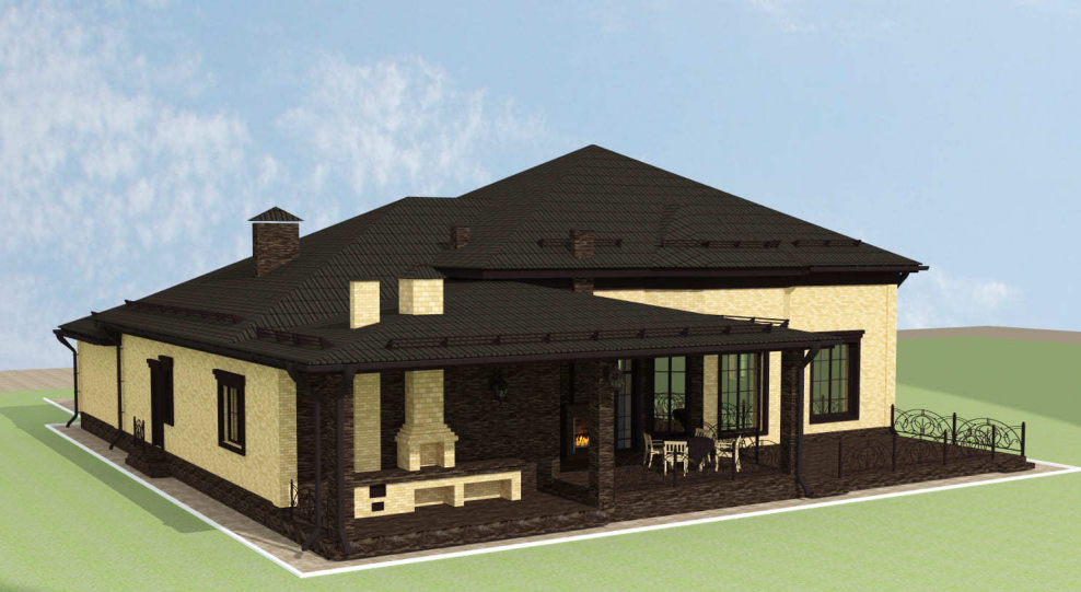 Одноэтажный дом с гаражом и террасой под одной крышей