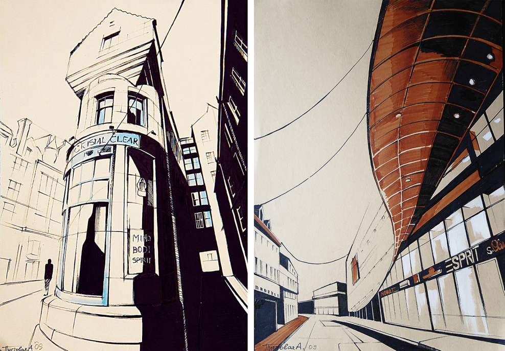 Современный город чёрной ручкой