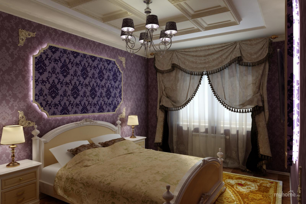 Спальня в лиловом цвете в классическом стиле