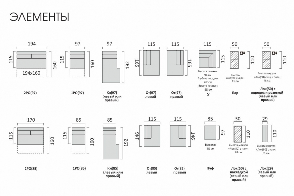 Модульный диван габариты модуля