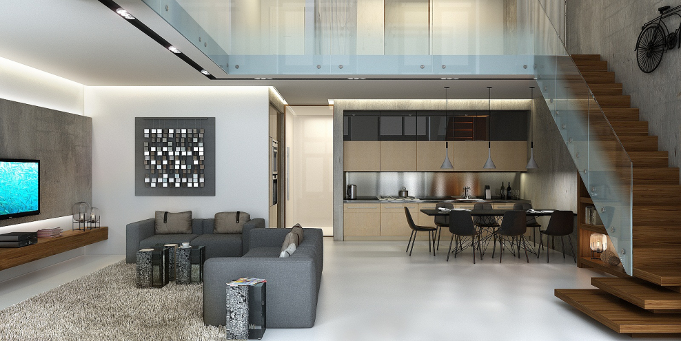 Кухня гостиная с высокими потолками