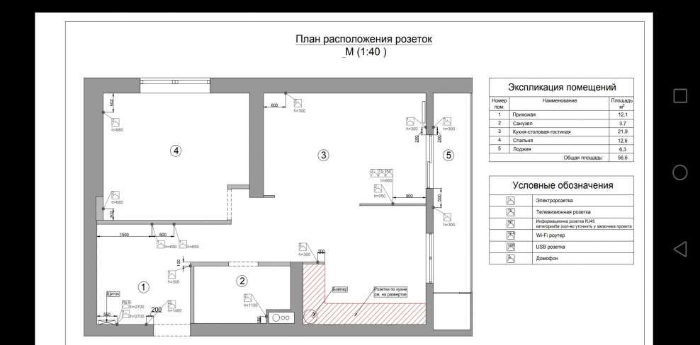 План розеток в гостиной