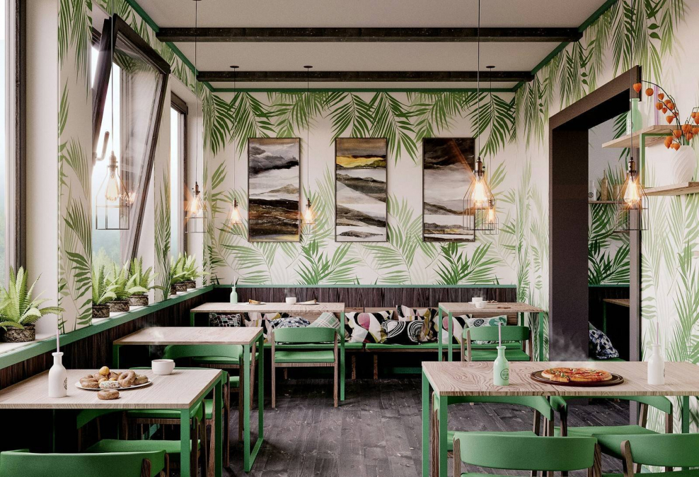 Зелень в интерьере кафе