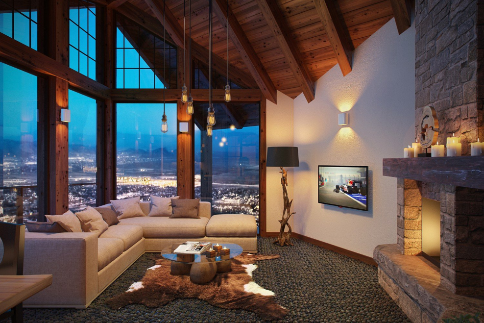 Гостиная с камином и панорамными окнами