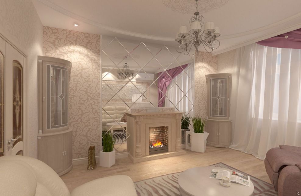 Светлая гостиная с камином